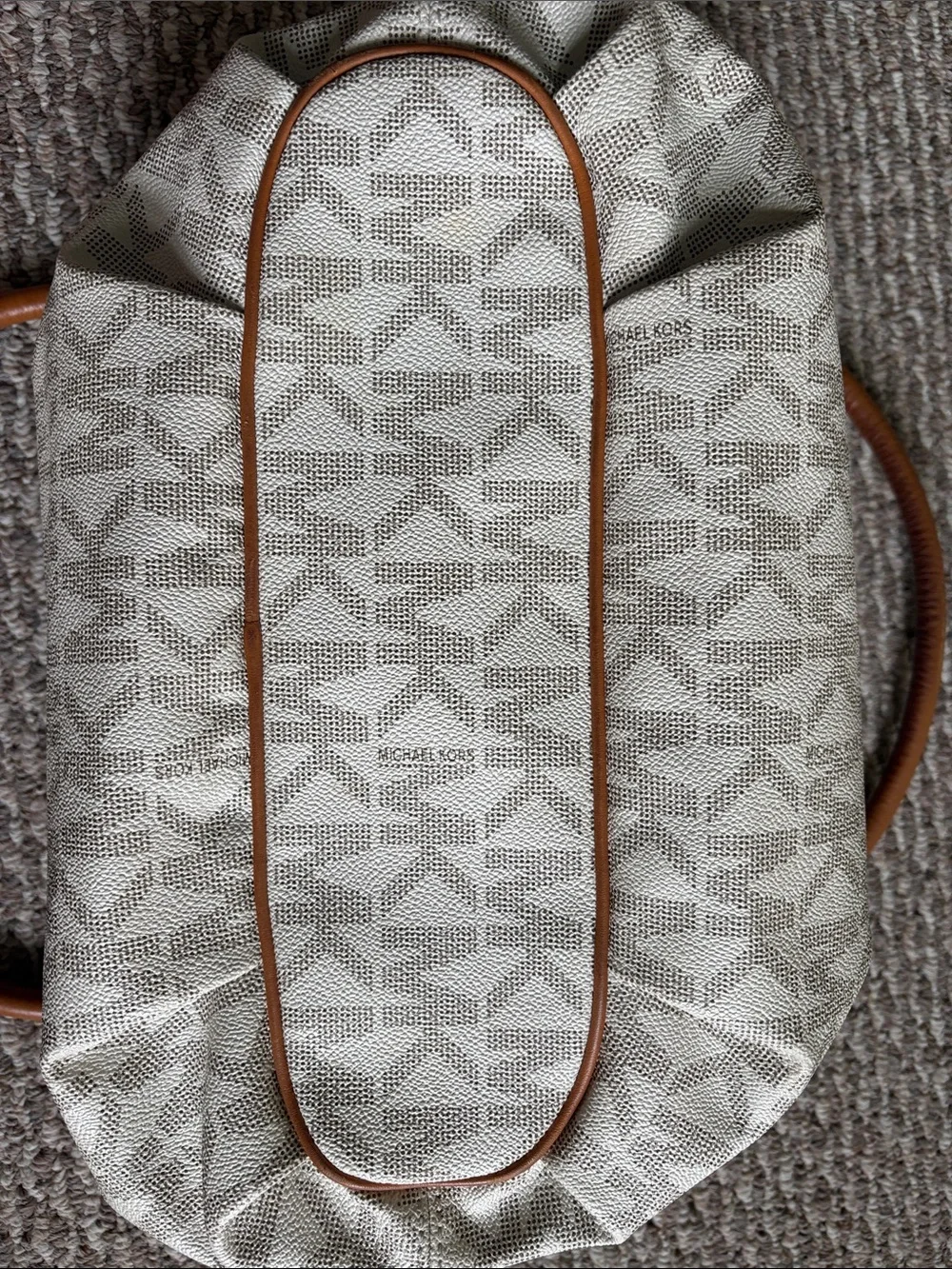 Michael Kors Cream MK Logo Ring Tote with Brown Leather Handles